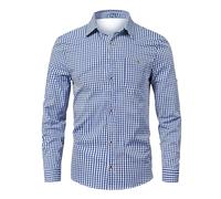 Camicia da uomo a maniche lunghe con bottoni, in tessuto di cotone, vestibilità regolare, design senza pieghe, motivo a quadretti casual da lavoro, ideale per il lavoro, Blu, 3XL