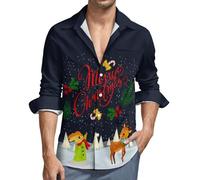 Camicia da uomo a maniche lunghe con bottoni - Merry Christmas Elk V-collo casual abbottonatura camicia da uomo con tasca, Nero, XL