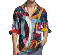 Camicia da uomo a maniche lunghe, con bottoni, stile jazz astratto, strumentale, casual, alla moda, con scollo a V, top, Stile-42, S