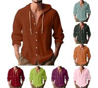 Camicia da uomo a maniche lunghe con cappuccio, in cotone e lino, misto cotone, abbigliamento da resortwear, leggera, da spiaggia, con cappuccio, per vacanze, abbigliamento casual, felpe con cappuccio