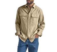 Camicia da uomo a maniche lunghe con colletto bottoni, per il tempo libero, casual, da lavoro, con bottoni, vintage, a maniche lunghe, con tasche a cerniera, cachi, 3XL