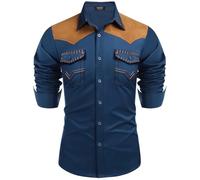 Camicia da uomo a maniche lunghe con colletto da uomo in stile denim occidentale camicia da uomo, Blu, XL