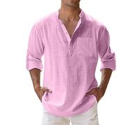 Camicia da Uomo A Maniche Lunghe,con Colletto Rovesciato, per Il Tempo Libero,Estiva Cotone Henley Shirts Collo Coreana con Bottoni Tinta Unita Elegante Casual da Spiaggia,Camicia Estiva Uomo