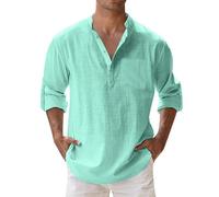 Camicia Da Uomo A Maniche Lunghe,Con Colletto Rovesciato, Per Il Tempo Libero,Estiva Cotone Henley Shirts Collo Coreana Con Bottoni Tinta Unita Elegante Casual Da Spiaggia,Camicia Estiva Uomo Comfy
