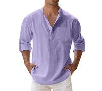 Camicia da Uomo A Maniche Lunghe,con Colletto Rovesciato, per Il Tempo Libero,Estiva Cotone Henley Shirts Collo Coreana con Bottoni Tinta Unita Elegante Casual da Spiaggia,Camicia Estiva Uomo