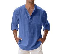 Camicia da Uomo A Maniche Lunghe,con Colletto Rovesciato, per Il Tempo Libero,Estiva Cotone Henley Shirts Collo Coreana con Bottoni Tinta Unita Elegante Casual da Spiaggia,Camicia Estiva Uomo