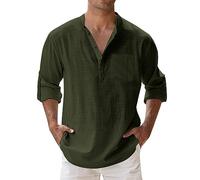 Camicia da Uomo A Maniche Lunghe,con Colletto Rovesciato, per Il Tempo Libero,Estiva Cotone Henley Shirts Collo Coreana con Bottoni Tinta Unita Elegante Casual da Spiaggia,Camicia Estiva Uomo