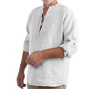 Camicia da uomo a maniche lunghe con lacci sul davanti, camicia casual da uomo, vestibilità larga, maglietta estiva leggera, con colletto a nonno, resistente alle pieghe, maglietta da spiaggia