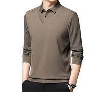 Camicia da uomo a maniche lunghe con revers a righe, camicia finta a due pezzi, camicia da lavoro casual a maniche lunghe, camicia da uomo in maglia finta a due pezzi, cachi, XL