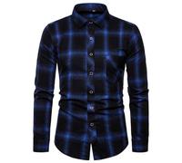 Camicia da uomo a maniche lunghe con risvolto a quadri casual da ufficio camicetta da lavoro morbida e confortevole, Blu, XL