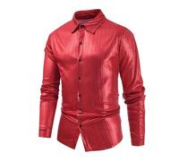 Camicia da uomo a maniche lunghe con risvolto lucido con bottoni a maniche lunghe cardigan camicetta da ufficio abbigliamento da lavoro morbido e confortevole, Rosso, XL