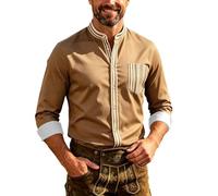 Camicia da uomo a maniche lunghe con scollo a Mao camicia Oktoberfest da uomo, con bordo a righe, tasca sul petto con bottoni, camicetta di grandi dimensioni, slim top costume bavarese per festa della