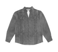 Camicia da uomo a maniche lunghe con scollo a V casual e confortevole alla moda con bottoni larghi e stampa completa, maglietta sportiva sportiva da lavoro, Grigio, XL