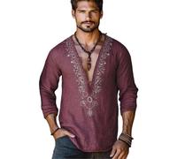Camicia da uomo a maniche lunghe con scollo a V, stile boho, stile classico e casual, Rosso, S