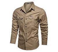 Camicia da uomo a maniche lunghe con tasche multiple, camicia cargo casual in cotone per attività all'aperto, avventure nel fine settimana, escursionismo e campeggio, vestibilità comoda, cachi, 4XL