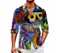 Camicia da uomo a maniche lunghe con teschio vintage hawaiano, da uomo, per il tempo libero, da uomo, leggera, estiva, per il tempo libero, giallo., XL