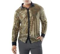 Camicia da uomo a maniche lunghe, da discoteca, da uomo, con paillettes, con bottone, da discoteca, con brillantini, per carnevale, per 50s 60s 70s Cosplay Halloween Party