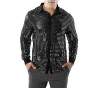 Camicia da uomo a maniche lunghe, da discoteca, da uomo, con paillettes, con bottone, da discoteca, con brillantini, per carnevale, per 50s 60s 70s Cosplay Halloween Party
