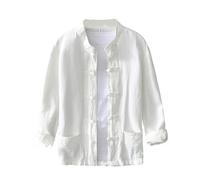 Camicia da uomo a maniche lunghe, design tradizionale per kung fu, dotata di bottoni cinesi a rana, stile giacca leggera, ideale per l'estate, bianco, L