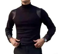 Camicia da uomo a maniche lunghe impiombata colletto medio pannello in ecopelle casual strato base nero M-2XL (nero XL)