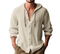 Camicia da uomo a maniche lunghe in canapa di cotone con coulisse in qualità originale vestibilità standard con colletto alla coreana, camicie con bottoni e spalle scese, leggera e traspirante, S-2XL,