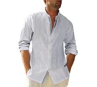 Camicia da uomo a maniche lunghe, in cotone, casual, con colletto alto, per il tempo libero, primavera, autunno, uomini, bianco, M