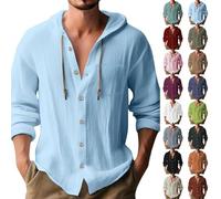 Camicia da uomo a maniche lunghe, in cotone e lino, con bottoni, con cappuccio, per spiaggia, vacanze, casual, in cotone, Verde, 3XL