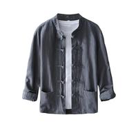 Camicia da uomo a maniche lunghe, in cotone e lino, con colletto alla coreana, giacca aperta con bottoni a rana, camicetta casual con tasche, cardigan leggero per riprese di viaggi in città antica