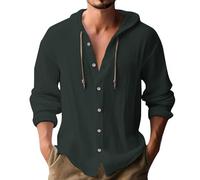 Camicia da uomo a maniche lunghe in cotone e lino tinta unita con cappuccio grandi camicie a maniche lunghe da uomo, Verde, 5XL