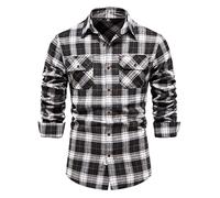 Camicia da uomo a maniche lunghe in flanella scozzese a maniche lunghe da uomo con bottoni a quadri camicia da camicia da boscaiolo casual da affari, bianco, M