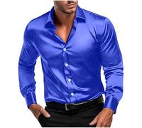 Camicia da uomo a maniche lunghe in raso - Camicia vintage monocromatica - Camicia a maniche lunghe da uomo in taglie grandi, Blu, 3XL