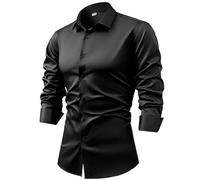 Camicia Da Uomo A Maniche Lunghe In Raso Di Seta con Gemelli, Camicie Eleganti, Casual, Lucide, con Bottoni, Di Lusso, per Feste, Balli Di Fine Anno, Matrimonio, Lavoro, Non Stirabile, Nera L