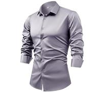 Camicia Da Uomo A Maniche Lunghe In Raso Di Seta con Gemelli, Camicie Eleganti, Casual, Lucide, con Bottoni, Di Lusso, per Feste, Balli Di Fine Anno, Matrimonio, Lavoro, Non Stirabile, Grigio L