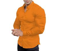 Camicia da uomo a maniche lunghe in tinta unita, elasticizzata, a forma muscolosa, atletica, aderente, a maniche lunghe, elasticizzata, casual, camicia a bottoni Activewear, Colore: arancione., XXL