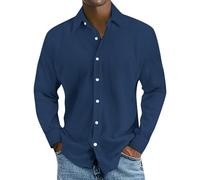 Camicia da uomo a maniche lunghe, leggera, estiva, per il tempo libero, a maniche lunghe, con bottoni, a righe, senza cappuccio, da uomo, Blu marino, 3XL