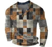 Camicia da uomo a maniche lunghe patchwork Henley - Felpa casual vintage con bottoni sul davanti, stampa 3D, top slim fit per uso quotidiano, gite del fine settimana e riunioni casual, Giallo, S