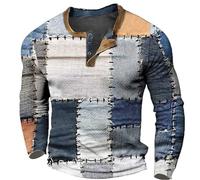 Camicia da uomo a maniche lunghe patchwork Henley - Felpa casual vintage con bottoni sul davanti, stampa 3D, top slim fit per uso quotidiano, gite del fine settimana e riunioni casual, bianco, XL
