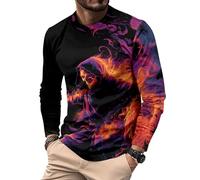 Camicia da uomo a maniche lunghe per Halloween, girocollo, maglietta casual horror autunnale, pullover per le vacanze, per l'uso quotidiano, Teschio Magico Viola, XL