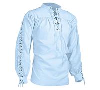 Camicia da uomo a maniche lunghe, per il tempo libero, in lino, con lacci, in cotone, stile medievale, per Halloween, per uomo, stile medievale, per cosplay, Azzurro, M