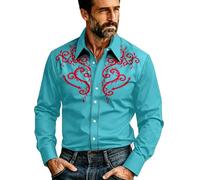 Camicia da uomo a maniche lunghe ricamata con stampa cowboy, camicia in stile western, camicia ricamata tradizionale, camicia vintage a maniche lunghe, camicia estiva, O verde menta, S