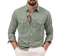 Camicia da uomo a maniche lunghe safari a maniche lunghe, vestibilità larga, stile cargo tattico, tessuto leggero, chiusura a bottoni, ideale per escursioni e viaggi, Verde, XXL