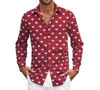 Camicia da uomo a maniche lunghe, San Valentino, con motivo a cuore, casual, con bottoni, per il tempo libero, feste, matrimoni, vestibilità regolare, #001-vino, L