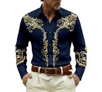 Camicia da uomo a maniche lunghe stile cowboy western camicetta da uomo stampata barocco arabesco alto medievale collo risvolto bottoni per festival casual ranch rodeo country vacanze uscita, 02-blu