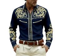 Camicia da uomo a maniche lunghe stile cowboy western camicetta da uomo stampata barocco arabesco alto medievale collo risvolto bottoni per festival casual ranch rodeo country vacanze uscita, 01-blu