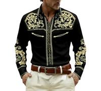Camicia da uomo a maniche lunghe stile cowboy western camicetta da uomo stampata barocco arabesco alto medievale collo risvolto bottoni per festival casual ranch rodeo country vacanze uscita, 01-nero