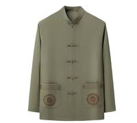 Camicia da uomo a maniche lunghe Tang con tasca cinese Hanfu Style, cachi, L