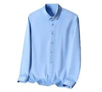 Camicia da uomo a maniche lunghe tinta unita slim fit casual formale business camicie di seta, Azzurro, XL