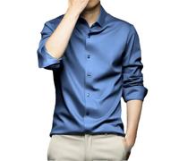 Camicia da uomo a maniche lunghe tinta unita slim fit casual formale business camicie di seta, Blu, XXL