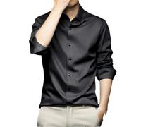 Camicia da uomo a maniche lunghe tinta unita slim fit casual formale business camicie di seta, Nero , 3XL