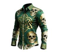 Camicia da uomo a maniche lunghe verde per San Patrizio - Camicia con motivo teschio di Halloween e vichingo, slim fit, colletto risvolto con bottoni, top festivo per 17 marzo, camicia antipiega san